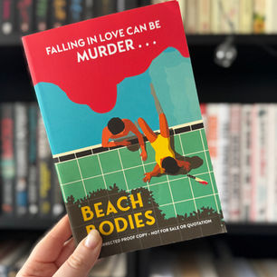 Hand holding a book titled "Beach Bodies." Cover shows two people by a pool. Bold text reads "FALLING IN LOVE CAN BE MURDER..." Background: bookshelf.