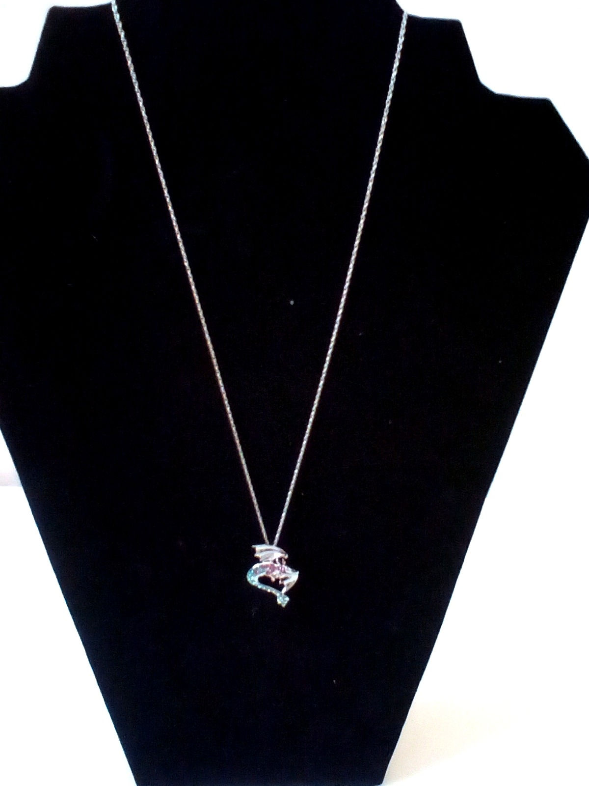 18" Sterling Silver Dragon Pendant with Blue and PinkishPurple Crystals Necklace