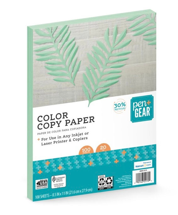 Pen + Gear Green Copy Paper, 30% Recycled, 8.5 x 11, 20 lb, 100 Sheets