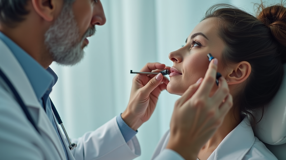 Close-up view of a dermatologist examining a patient's skin