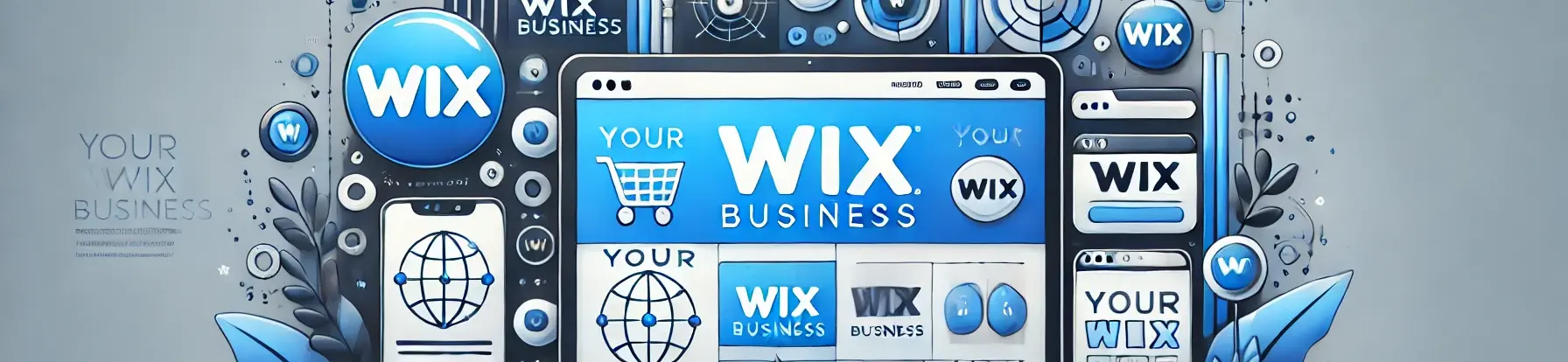 Un encabezado de sitio web moderno y visualmente atractivo para "Your WIX Business". El diseño presenta el logotipo de WIX de manera destacada en el encabezado.