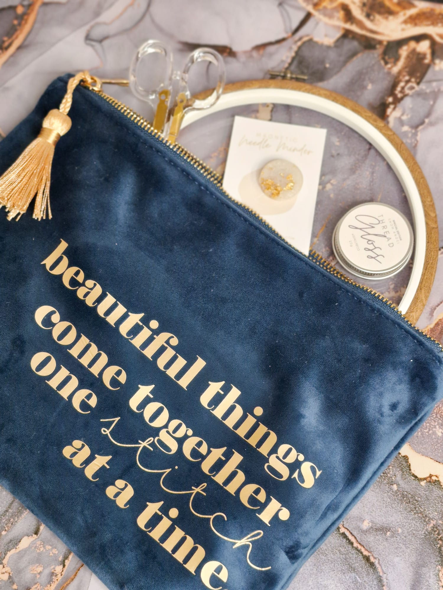 "Beautiful Things Come Together One Stitch at a Time"Blue Topaz Luxe Project Bag