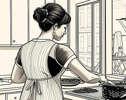 femme qui fait de la confiture et en fond un ateliers de couture