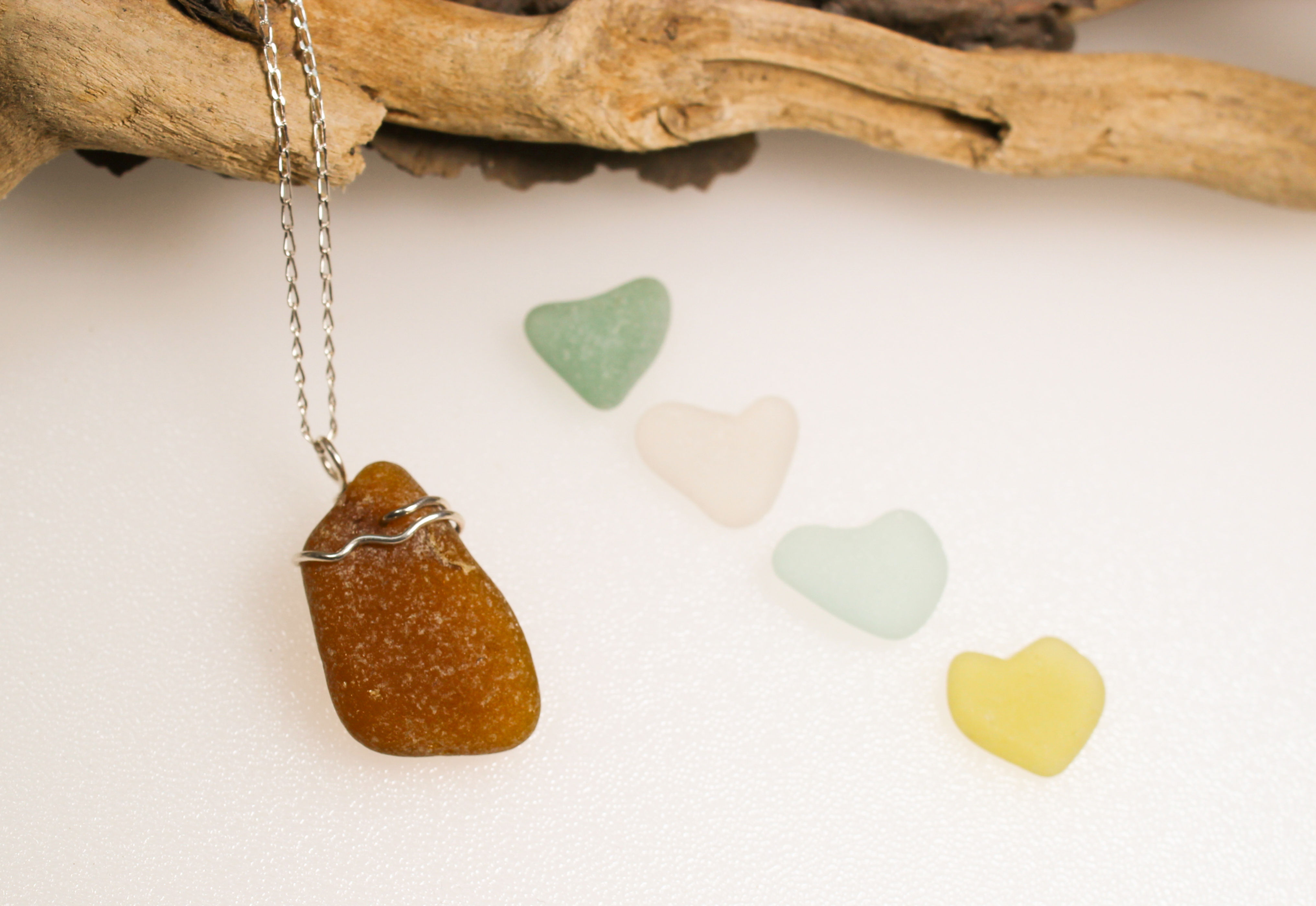 Amber Brown Sea Glass Pendant & Sterling Silver Chain