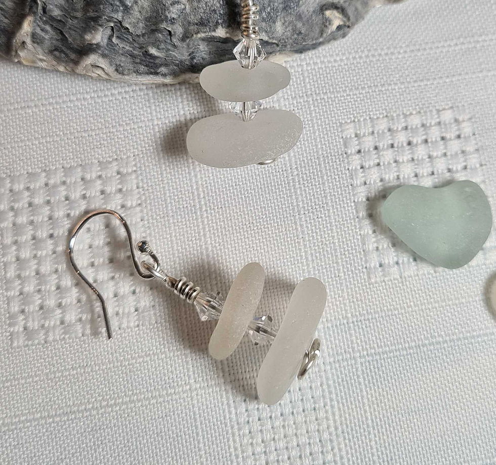 Thumbnail: White Sea Glass & Crystal Dropper Earrings