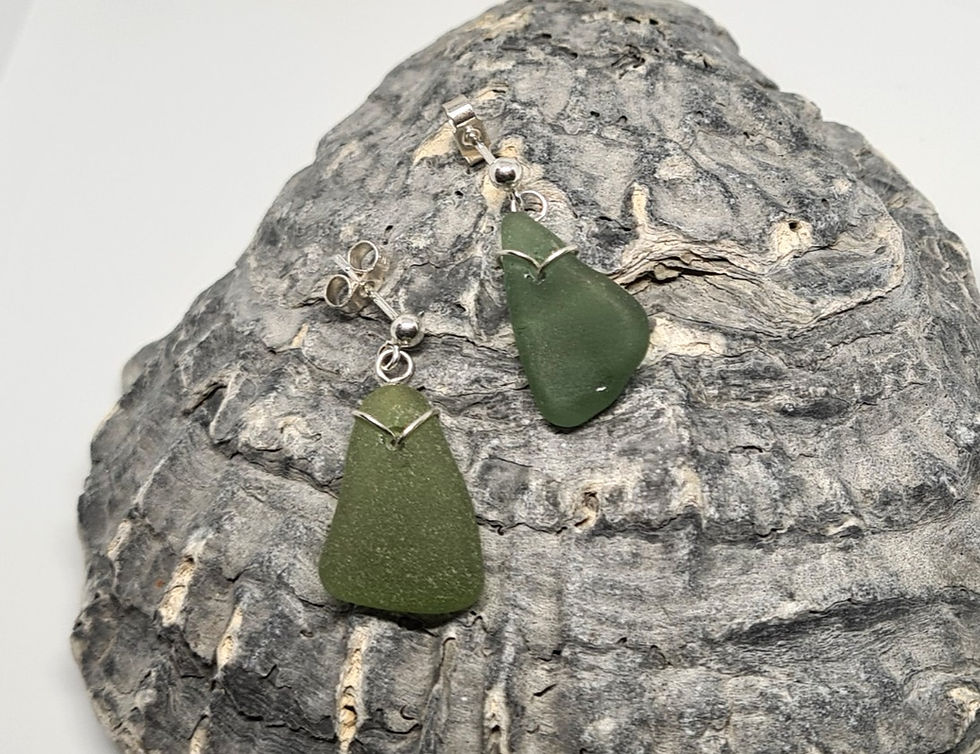 Thumbnail: Green Sea Glass Silver Stud Earrings