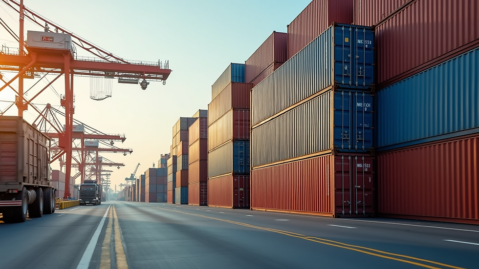 Eye-level view of a busy shipping port with containers stacked high