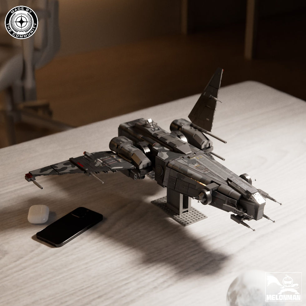 Thumbnail: Brick Drake Corsair model from rear angle on display stand