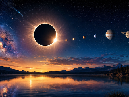 Um céu noturno estrelado com um eclipse solar total, seis planetas alinhados no horizonte e rastros brilhantes de meteoros Perseidas sobre um lago calmo entre montanhas.