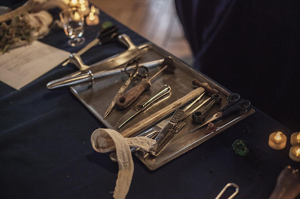 Tray of surgical implements for mummy unwapping event