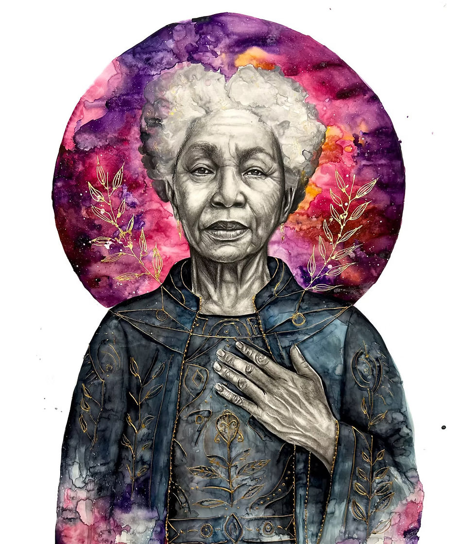 Morgan Overton's "Unlost Heart" (2025). Watercolor, graphite, gold leaf, relief paint, on 22x30" paper