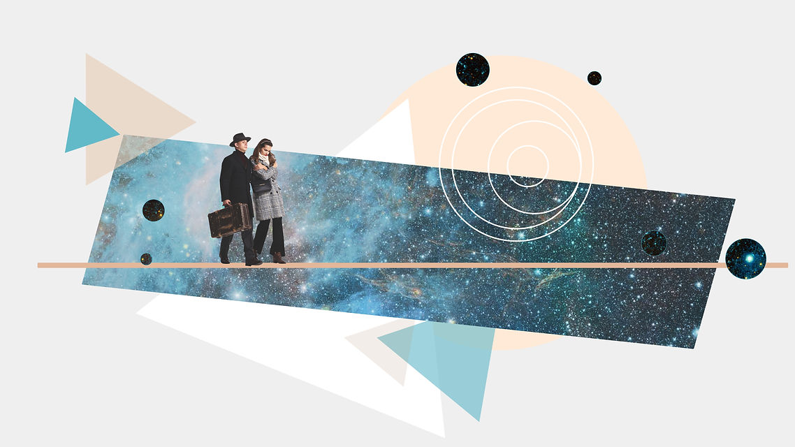Contemporary art collage. Beautiful stylish couple walking over outer space background. Ge