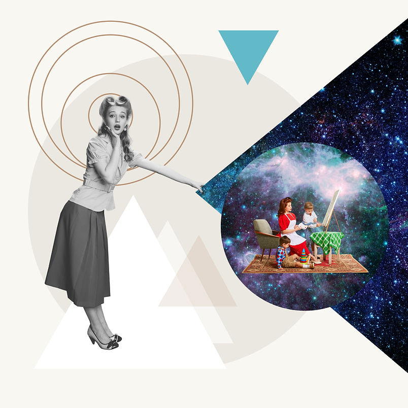 Contemporary art collage. Young girl looking on image of beautiful family, mother with two