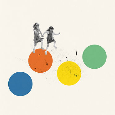 Contemporary art collage. Creative design. Two cheerful happy girl, children playing toget