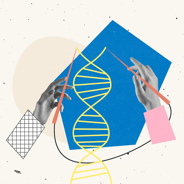 Contemporary art collage. Human hands over dna drawings, looking at hereditary material. M