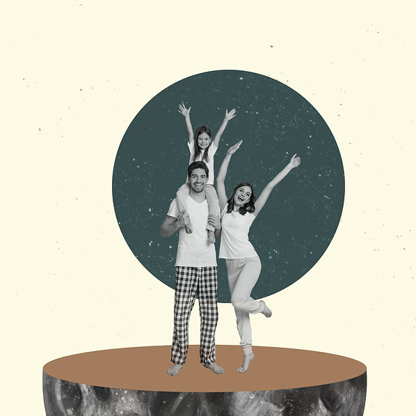 Vertical creative photo collage illustration of cheerful satisfied positive family raise a