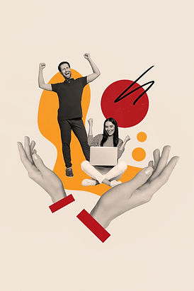 Vertical creative composite photo collage of happy people man female raising fists up comp