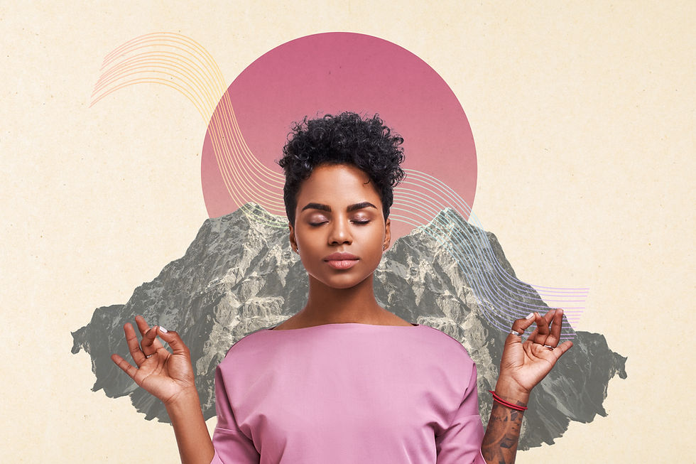 Collage of calm young African American woman practicing breathing yoga exercises over moun