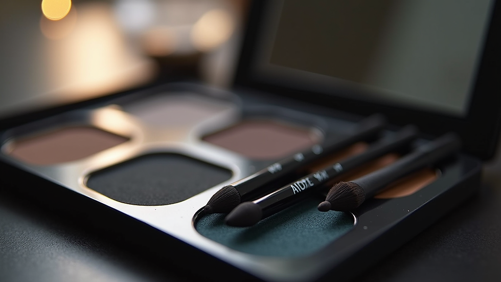 Close-up view of a makeup kit with black eyeliner pencil and brushes