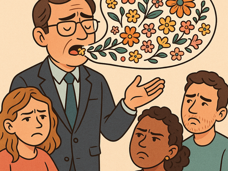 A cartoon-style illustration of a male leader with colorful flowers flowing from his mouth, surrounded by a confused team pretending to understand but clearly skeptical and disengaged.