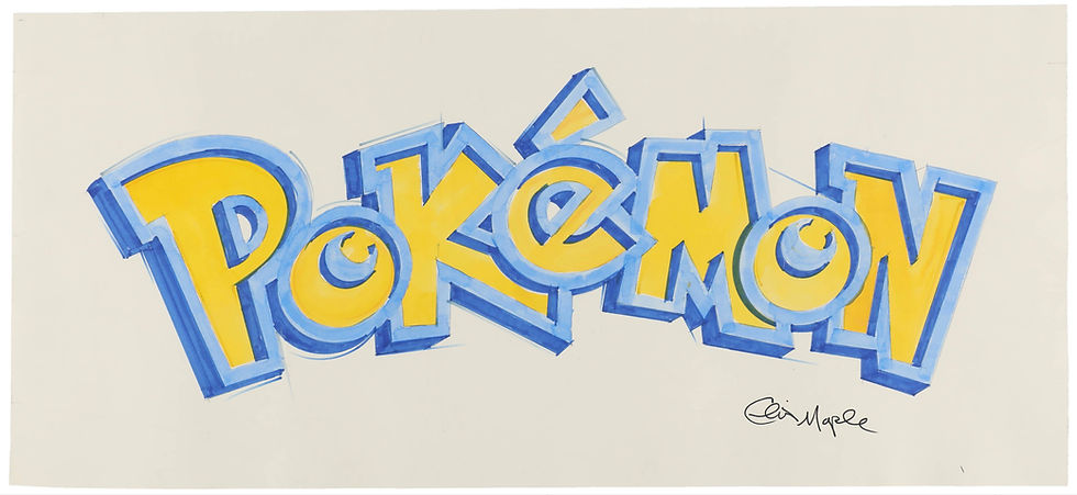 Yellow and blue Pokémon logo on a white background with a playful, bold font. Signature "Chris Mapel" is visible below.