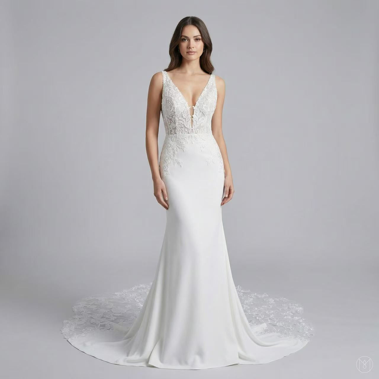 Front view of a minimalist silk satin mermaid wedding dress with a deep-V neckline, custom-made by Cici Li Couture