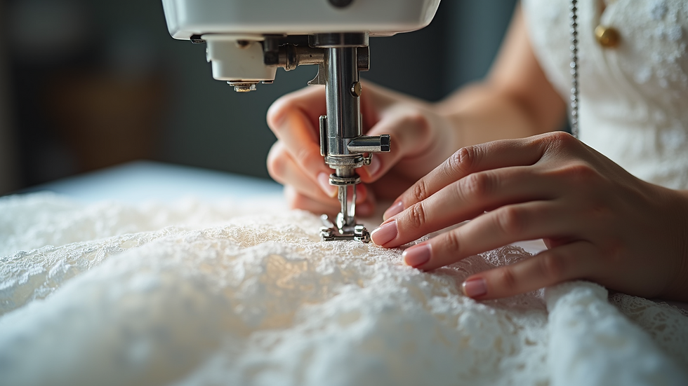 Close-up view of a seamstress sewing delicate lace on a wedding gown
