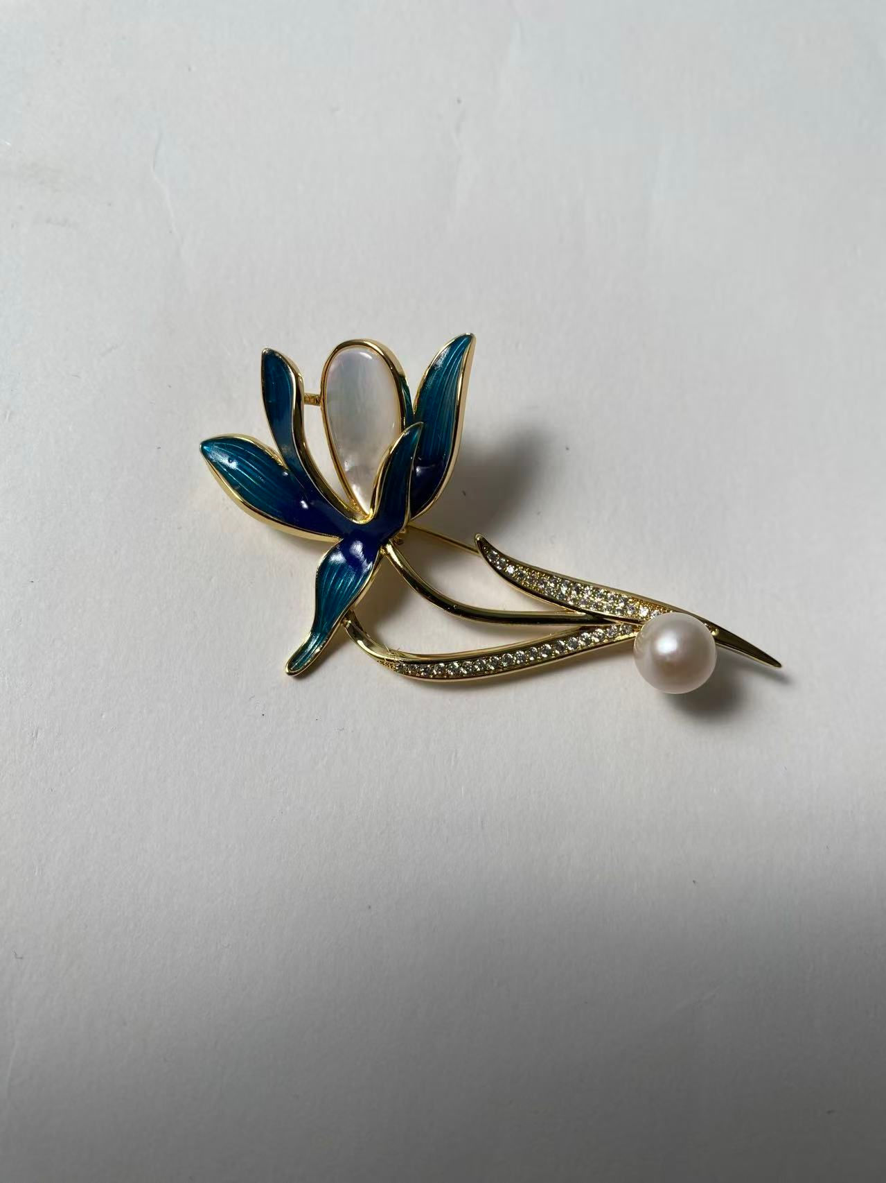 Enamel Blossom & Pearl Gold-Tone Brooch