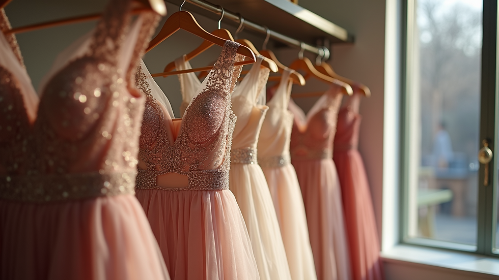 High angle view of a boutique display featuring elegant evening dresses