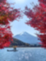 A scenic view of red leaves, a lake, and Mount Fuji