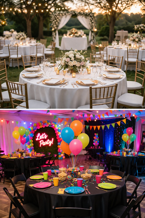 Event setup with 60 inch round tables and tablecloths in St. Louis Missouri
