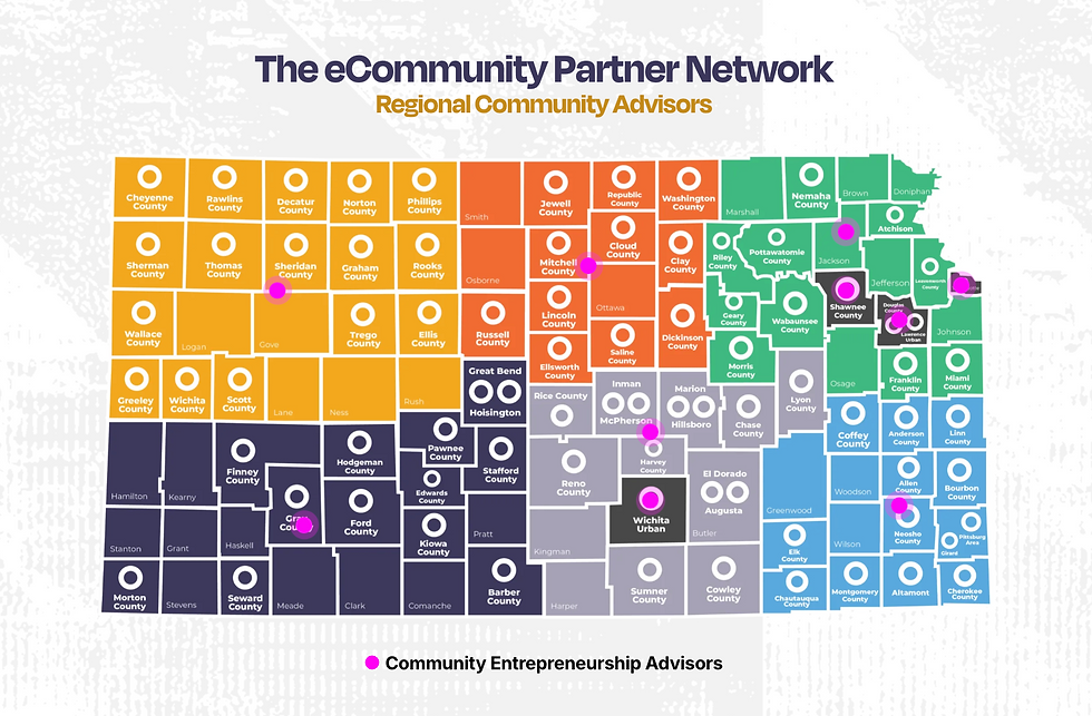 Dickinson County is part of Network Kansas’ statewide eCommunity Partner Network. Regional Community Entrepreneurship Advisors connect local eCommunities with Network Kansas programs, financing, technical assistance and statewide resource partners.