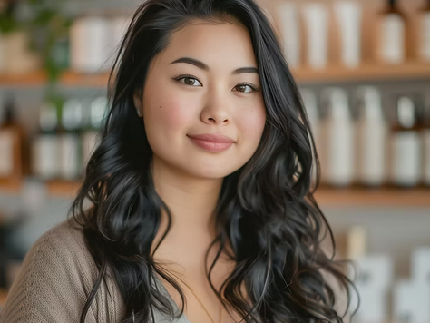 Woman with long dark hair wearing a beige cardigan smiles softly. Background of shelves with bottles and warm lights. Cozy and relaxed mood.