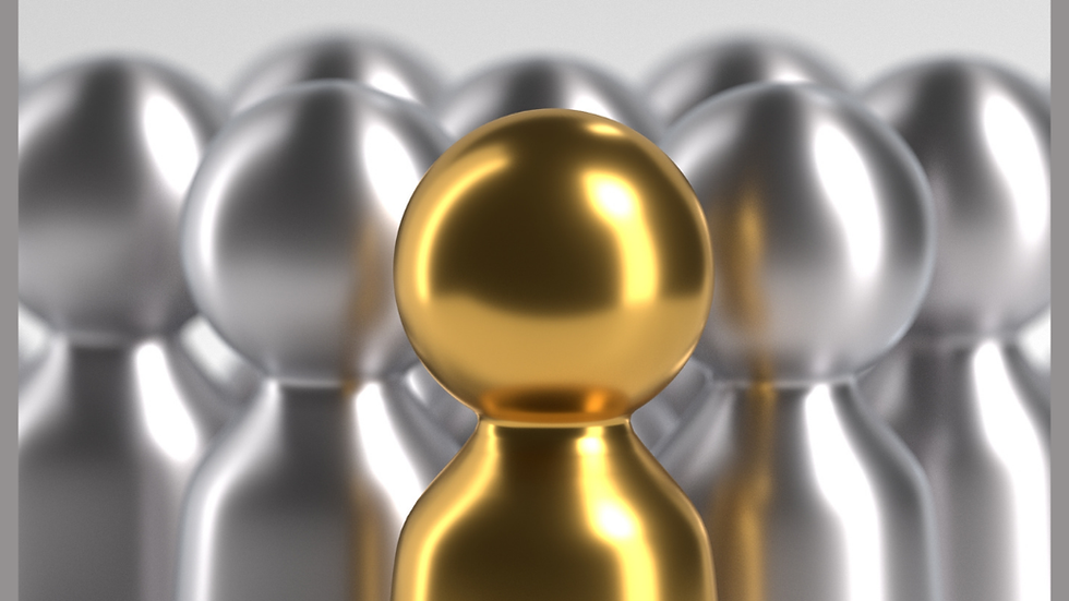 Gold pawn in focus among silver pawns, highlighting uniqueness. Background is a blurry array of similar figures. Bright, reflective setting.