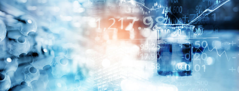 A beaker with blue liquid and a pipette. Background features blurred numbers and graphs, creating a scientific and analytical atmosphere.