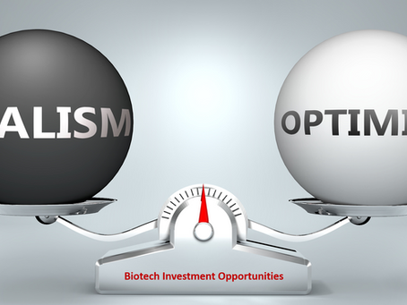 A scale balancing "REALISM" and "OPTIMISM" spheres, with a needle centered. Text: "Biotech Investment Opportunities." Gray backdrop.