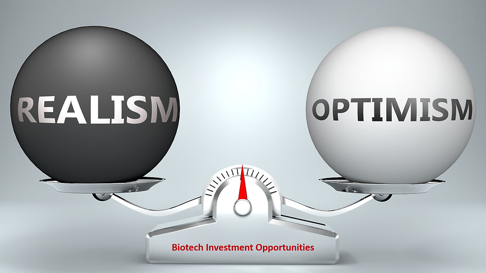 A scale balancing "REALISM" and "OPTIMISM" spheres, with a needle centered. Text: "Biotech Investment Opportunities." Gray backdrop.