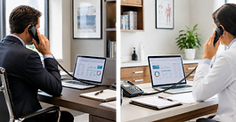 Investor reviewing data while speaking with a physician by phone.