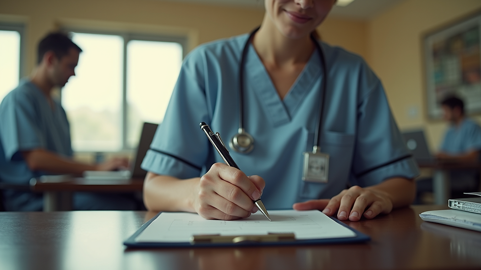 Eye-level view of a nurse writing notes on a clipboard in a cozy office