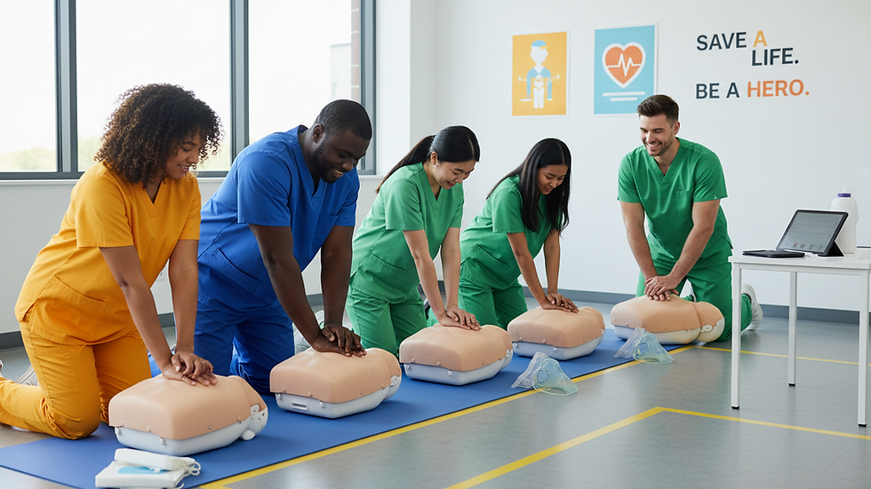 Eye-level view of a healthcare student practicing CPR on a mannequin