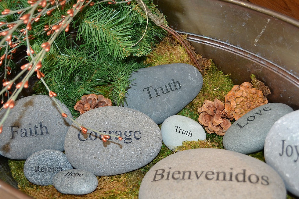 Stones with the words faith courage truth
