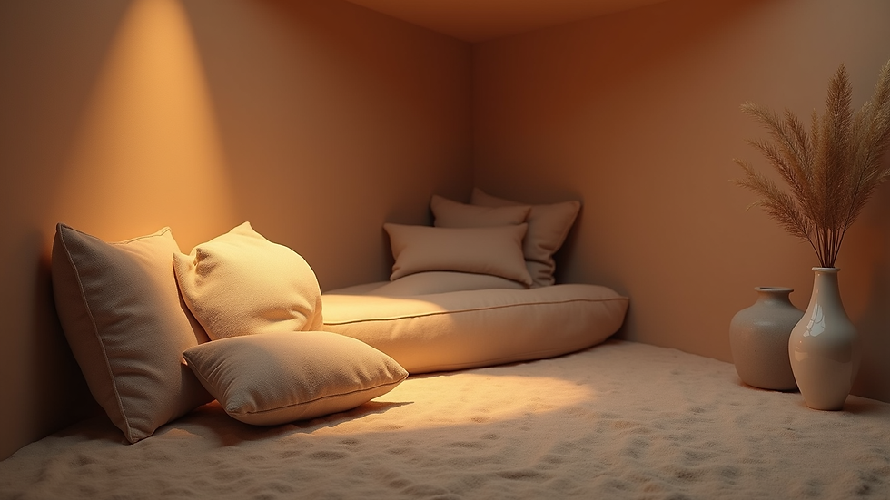 Eye-level view of a cozy corner with soft cushions and warm lighting for relaxation