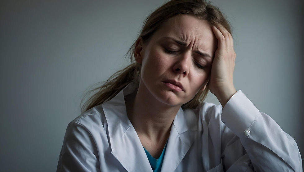 Nurse looking exhausted holding her head