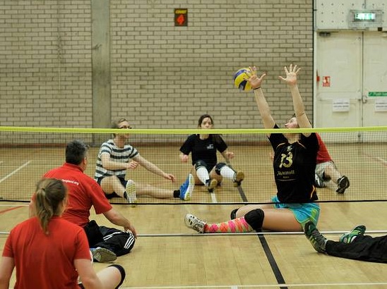 A group of seven people playing sitting volleyball in an indoor court. It's an action shot with a ball being in the air,