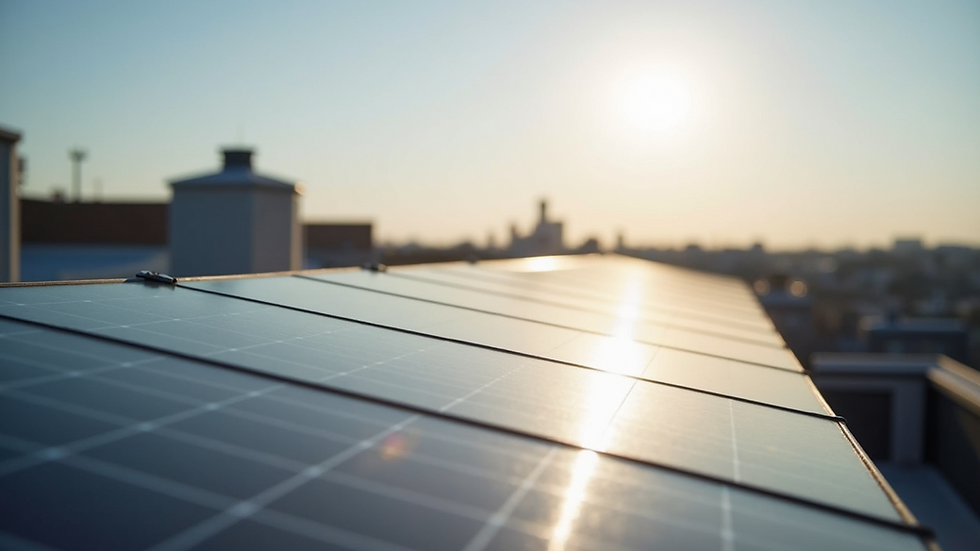 Close-up view of solar panels installed on a commercial rooftop under bright sunlight