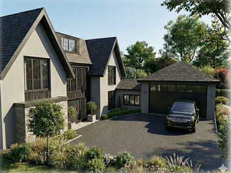 grey slate pitched roof, white render house with garage