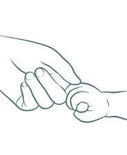 Line art of adult hand holding child’s hand, symbolising care and connection.