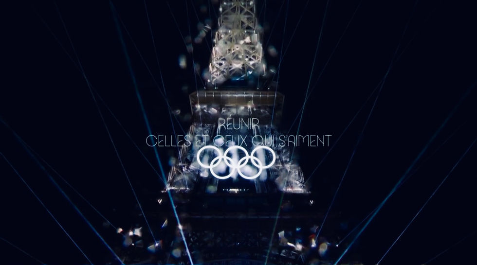 Image de la Tour Eiffel avec les anneaux olympiques et le texte : réunir celles et ceux qui s'aiment