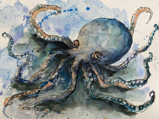 Portrait pieuvre à l'aquarelle et à l'encre