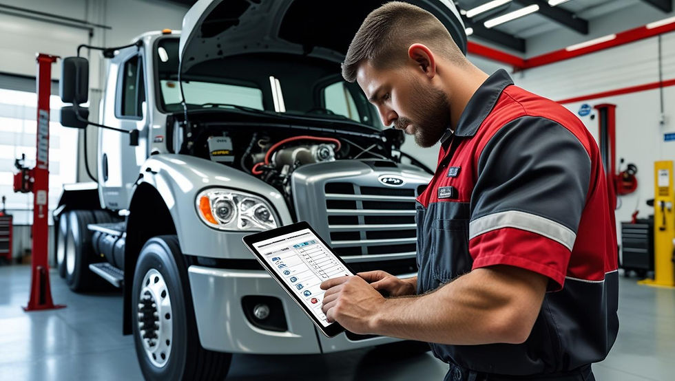 Diesel mechanic performing a multi-point inspection on a heavy-duty truck at Maestro Truck and Auto Service, checking engine components with a digital tablet.